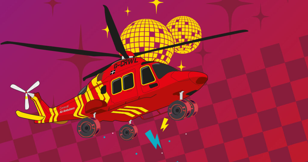 a red helicopter with roller wheels and disco balls